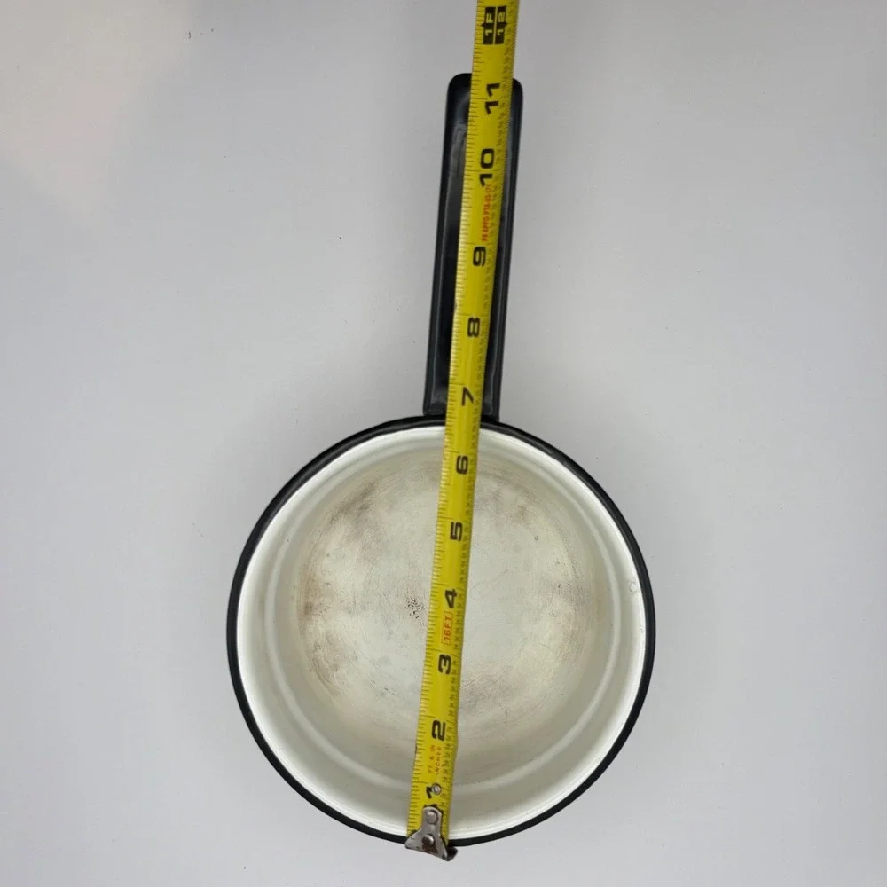 Vintage White Enamelware Saucepan 1 Qt Black Rim Handle 6